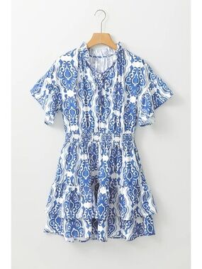 Blue and White Printed Mini Dress - Smocked Waist